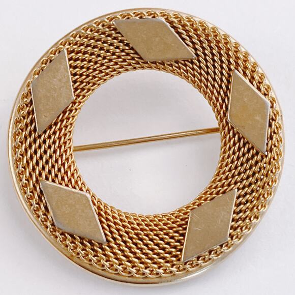 Signed Kramer Mid Century Modern Gold Tone Mesh Circle Brooch Geometric 50s 60s - Picture 3 of 10